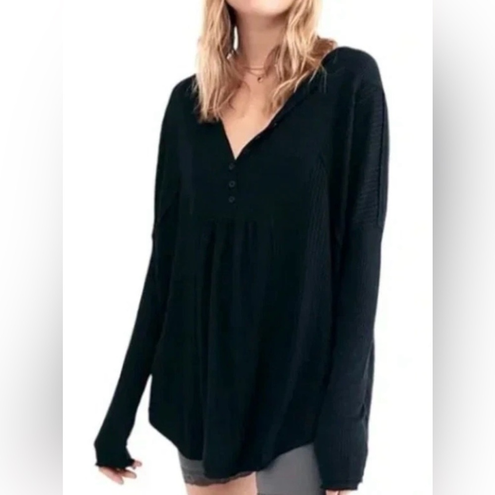 Free People Black Oversized Long Sleeve Waffle Knit Henley Tunic - Size L